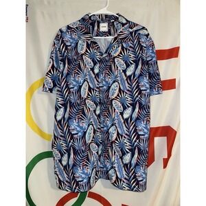 Rowm Hawaiian Shirt Mens XL Floral Button Up Blue Pink